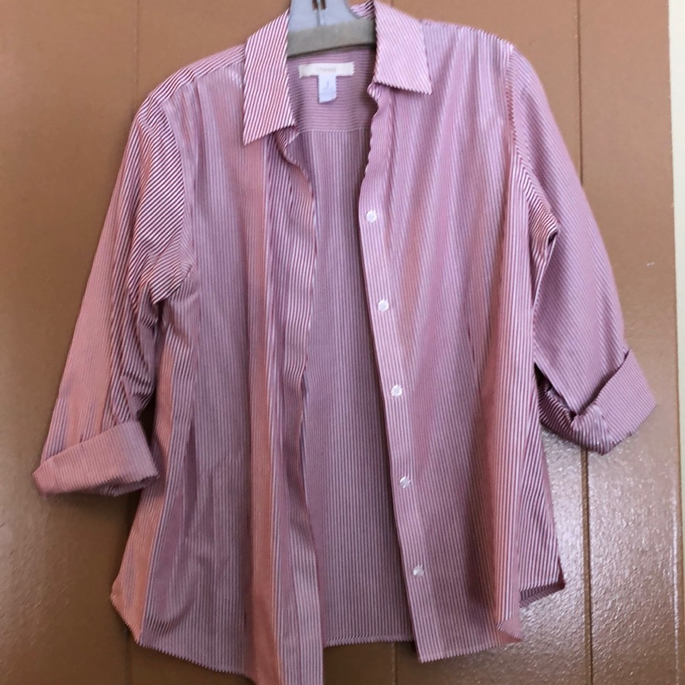 Button red and white striped blouse.